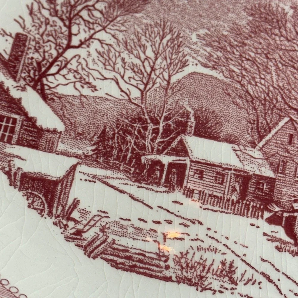 Royal Currier & Ives Serving Platter Pink Fair Old Grist Mill Winter Scene 12.5